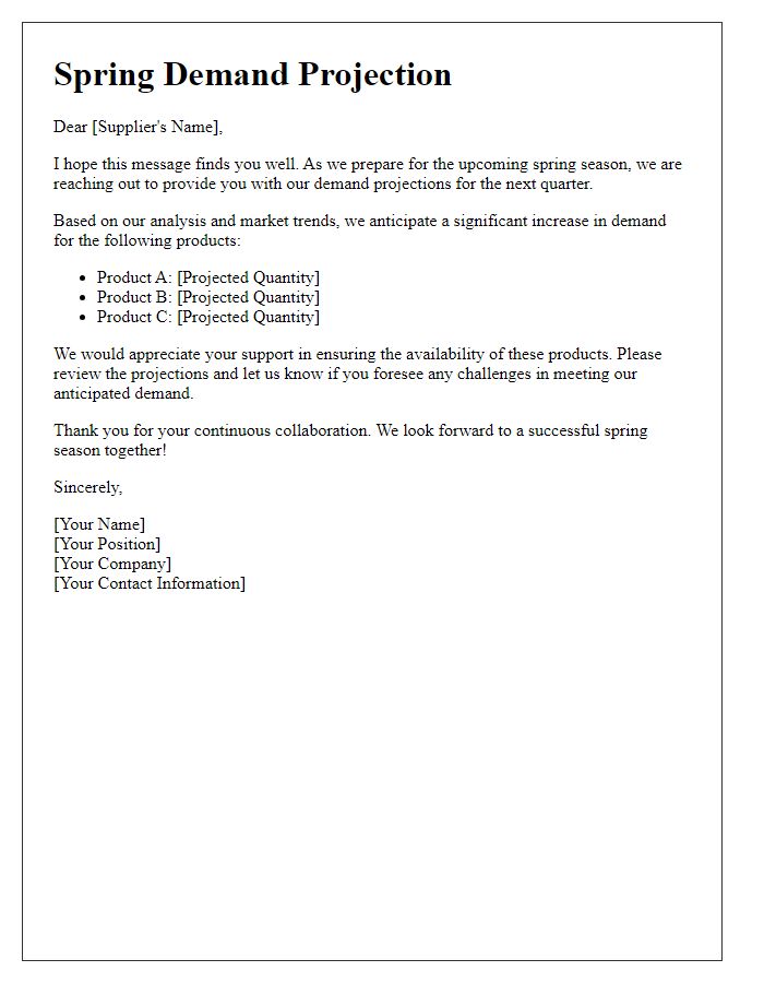 Letter template of spring demand projection sent to suppliers