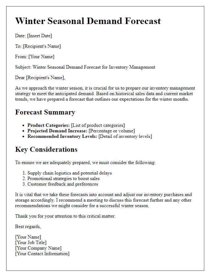 Letter template of winter seasonal demand forecast for inventory management