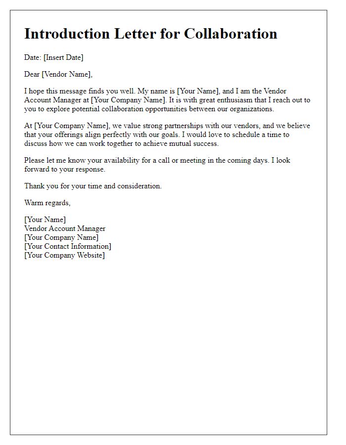 Letter template of Vendor Account Manager Introduction for Collaboration
