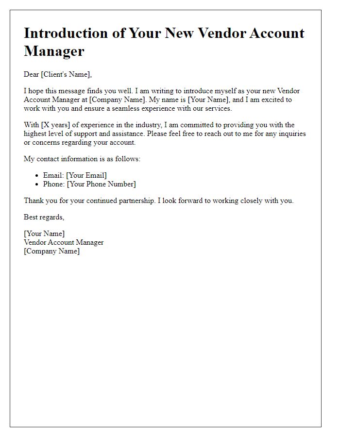 Letter template of Vendor Account Manager Introduction for Existing Clients