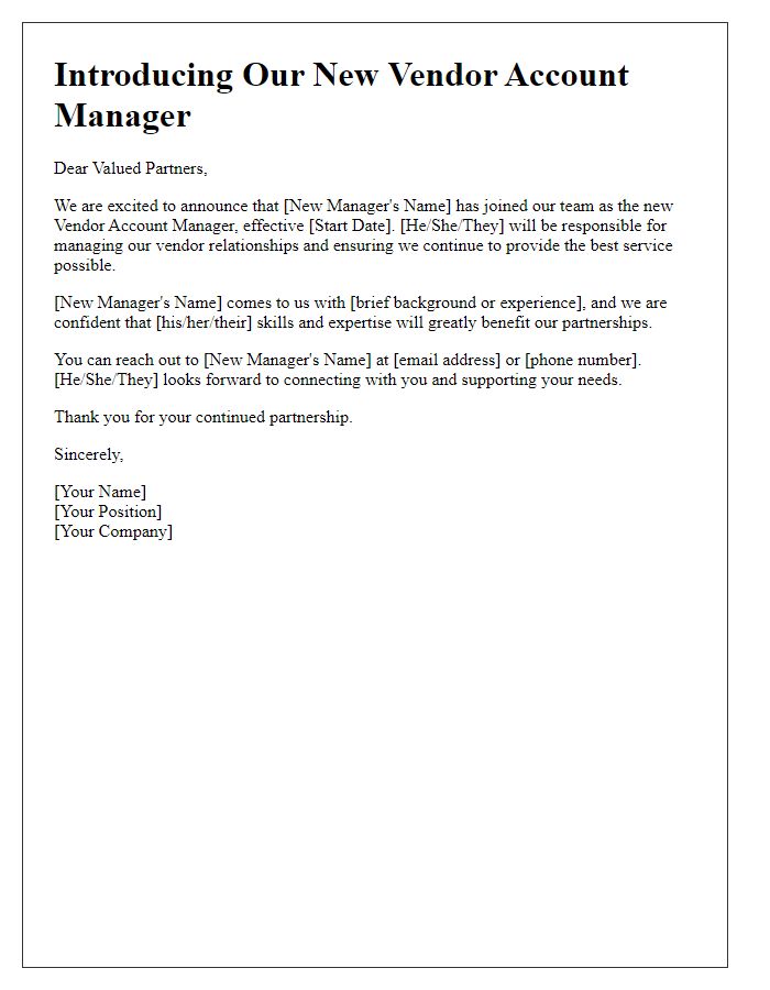 Letter template of Vendor Account Manager Introductory Announcement