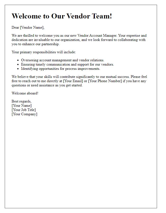 Letter template of Vendor Account Manager Welcome