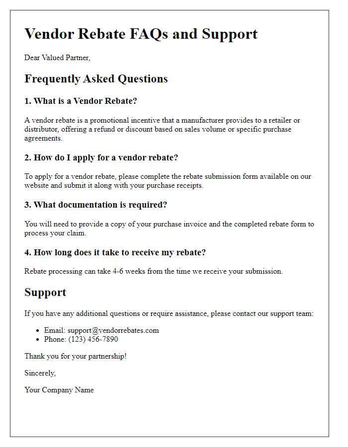 Letter template of vendor rebate FAQs and support