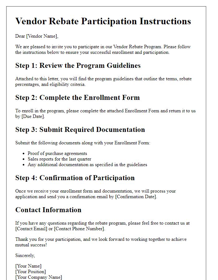 Letter template of vendor rebate participation instructions