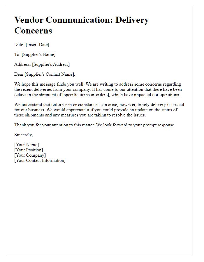 Letter template of supplier delivery concerns communication