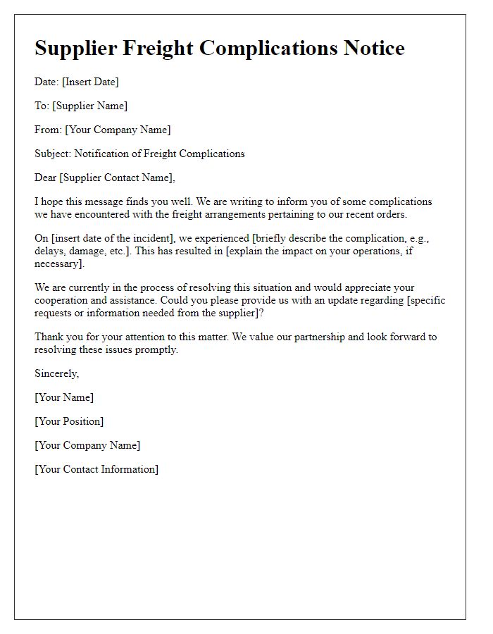 Letter template of supplier freight complications message