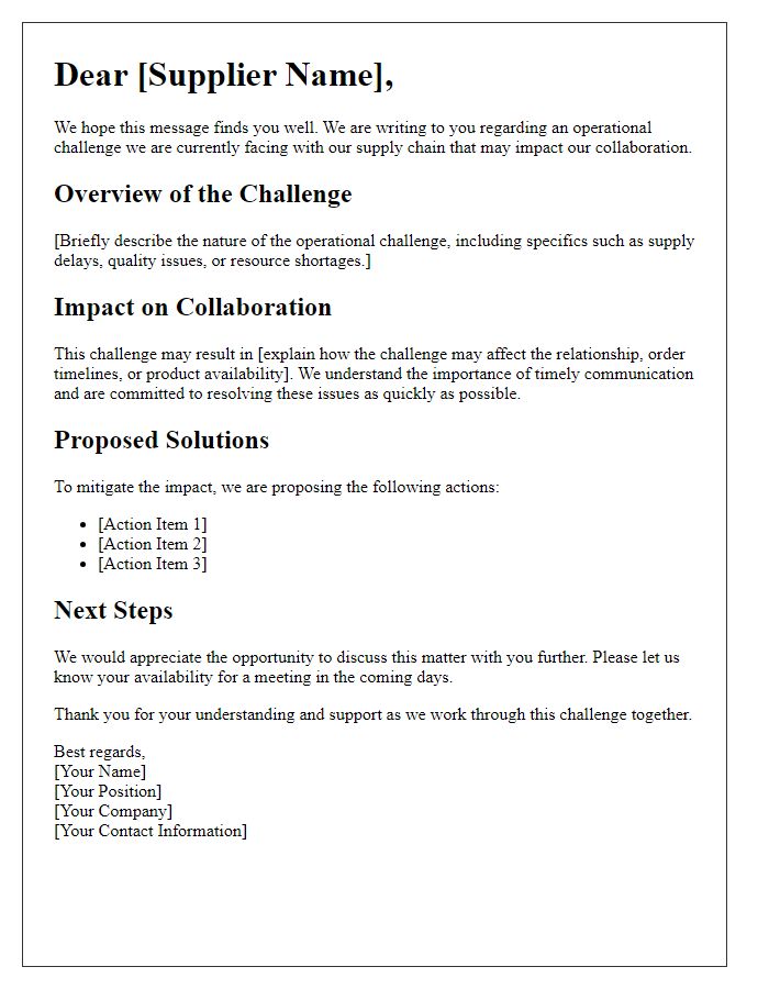 Letter template of supplier operational challenge announcement