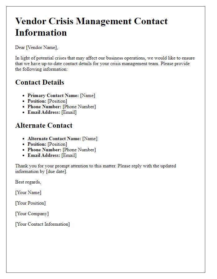 Letter template of vendor crisis management contact details.