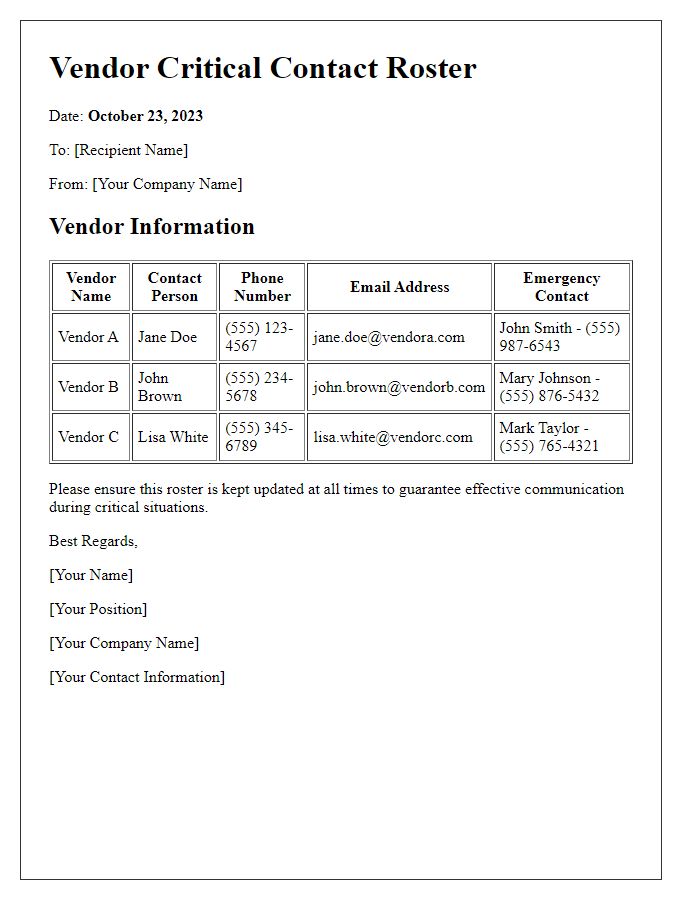 Letter template of vendor critical contact roster.