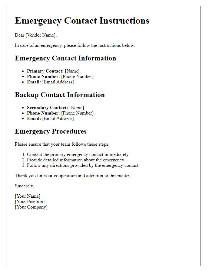 Letter template of vendor emergency contact instructions.