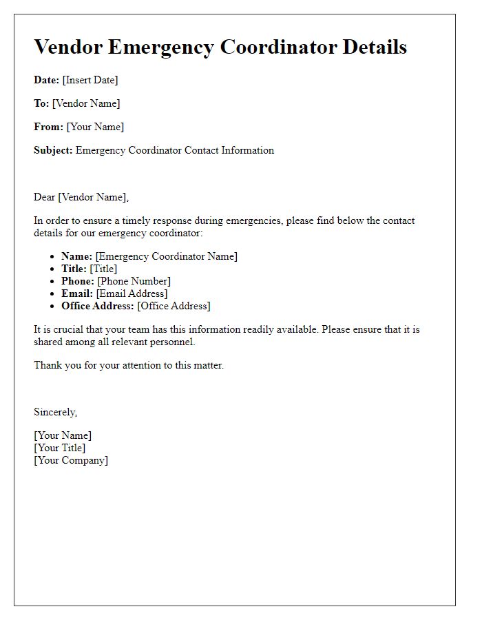 Letter template of vendor emergency coordinator details.