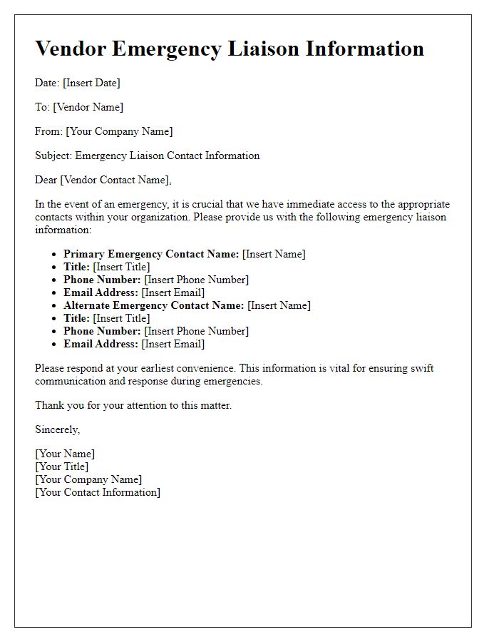 Letter template of vendor emergency liaison information.