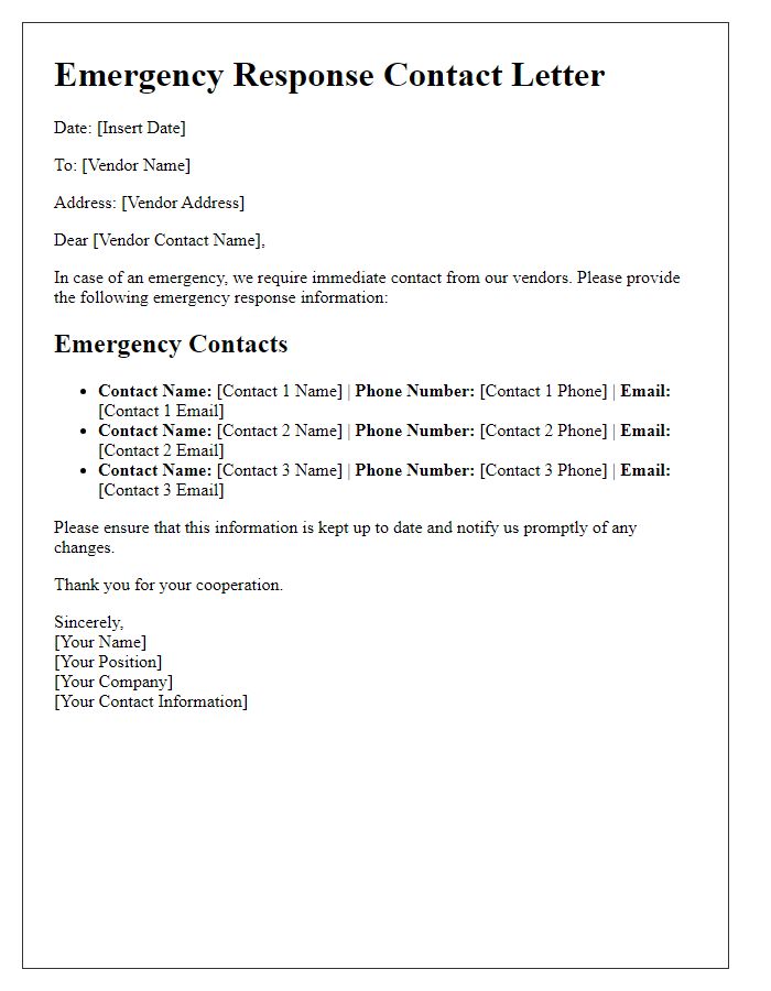 Letter template of vendor emergency response contacts.