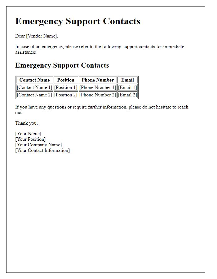 Letter template of vendor emergency support contacts.