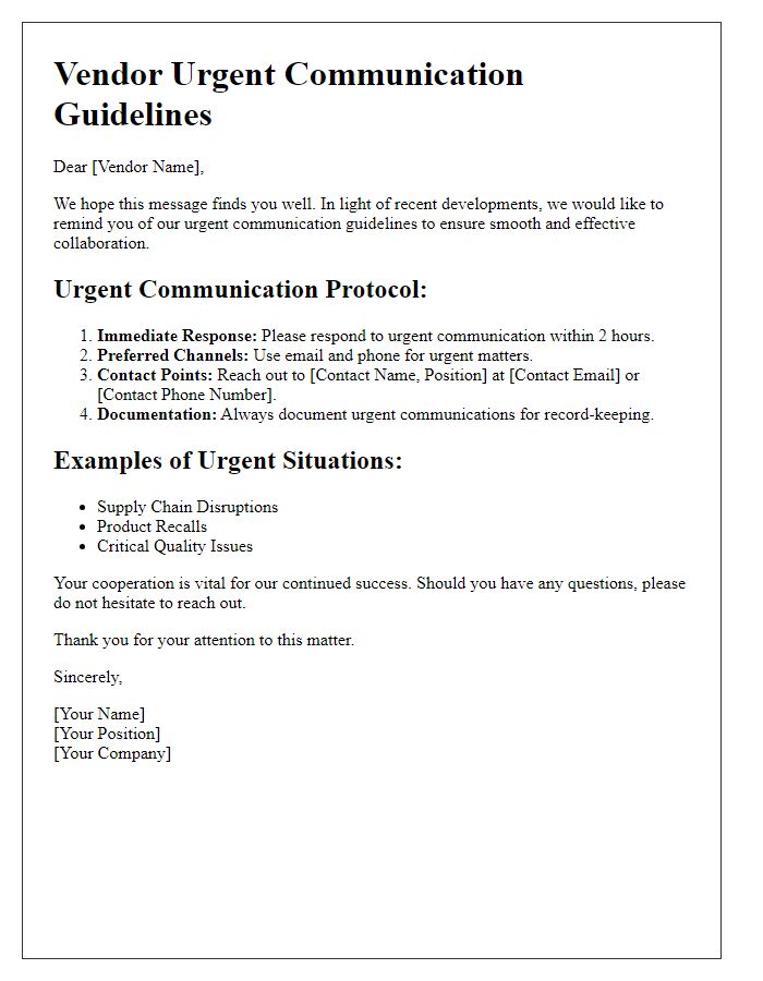 Letter template of vendor urgent communication guidelines.