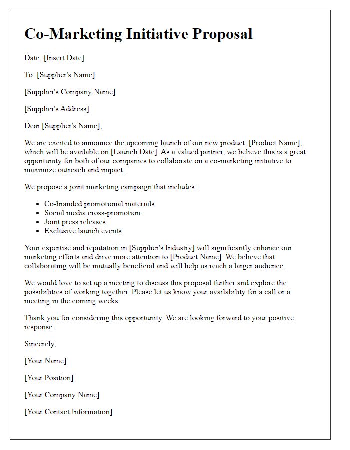 Letter template of co-marketing initiative with suppliers for product launch.