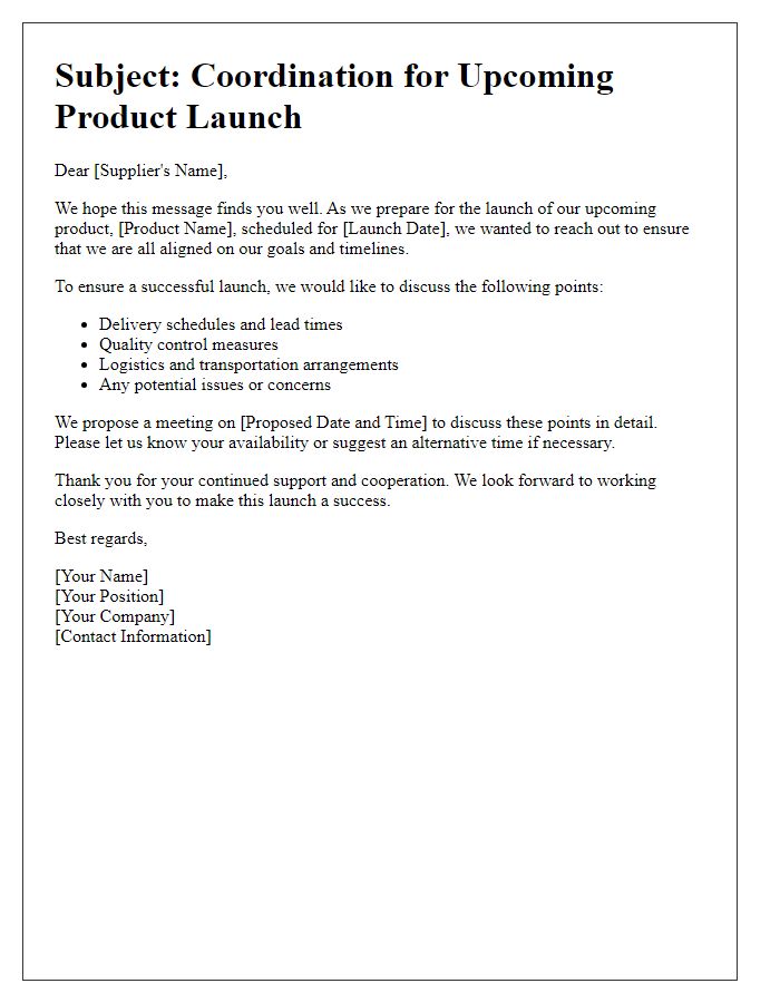 Letter template of supplier coordination for upcoming product launch.