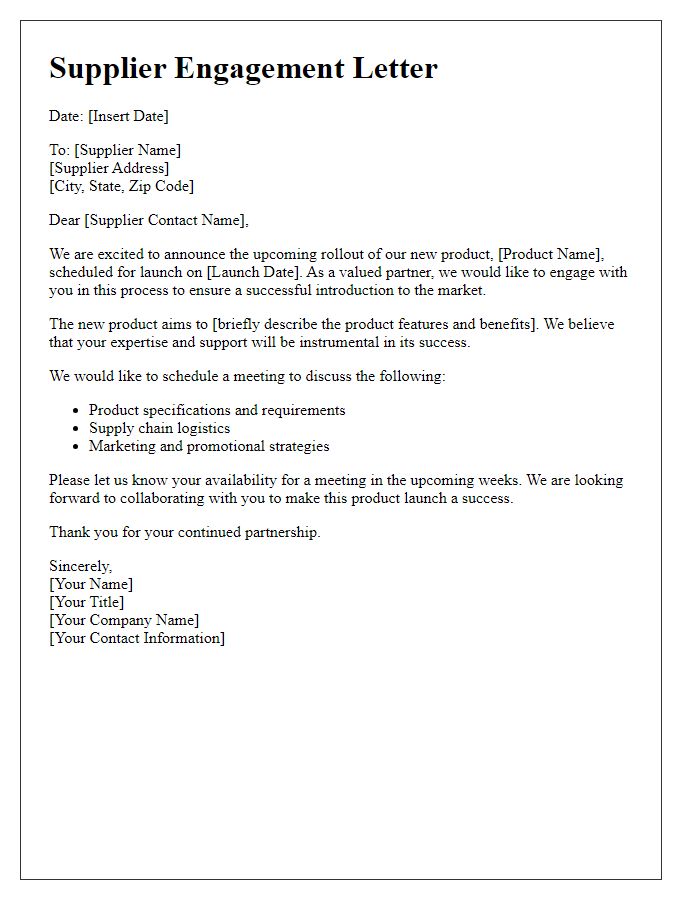 Letter template of supplier engagement for new product rollout.