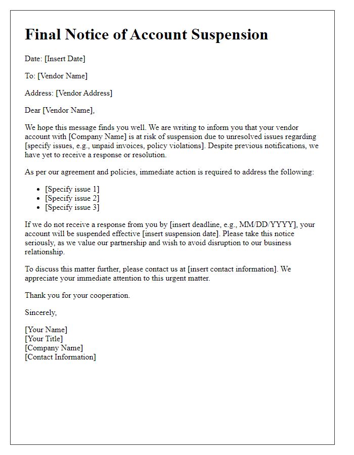 Letter template of Final Notice for Vendor Account Suspension