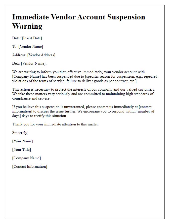 Letter template of Immediate Vendor Account Suspension Warning