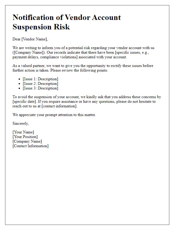 Letter template of Notification of Vendor Account Suspension Risk