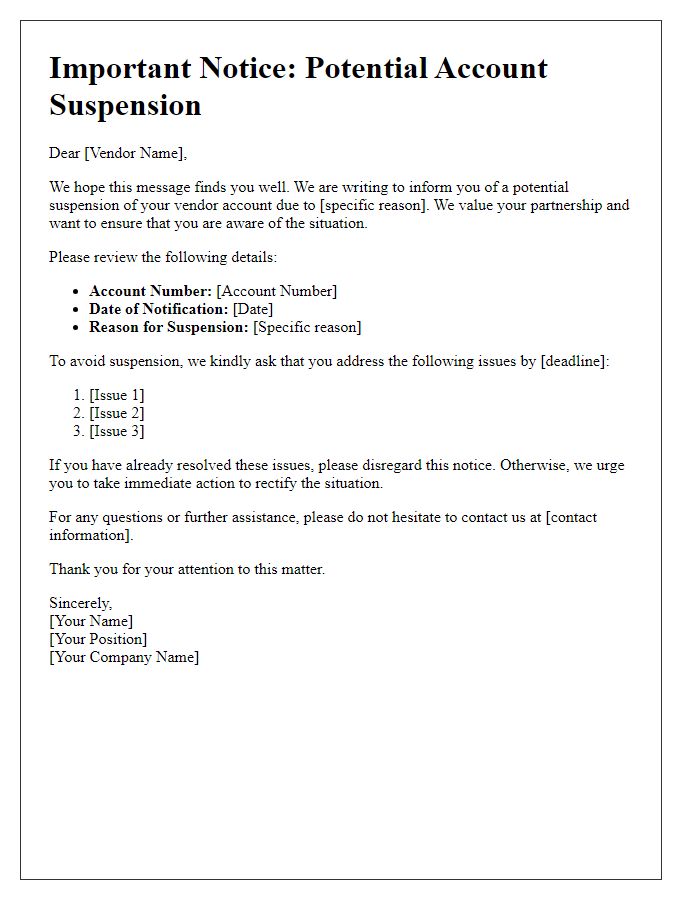 Letter template of Potential Vendor Account Suspension Advisory