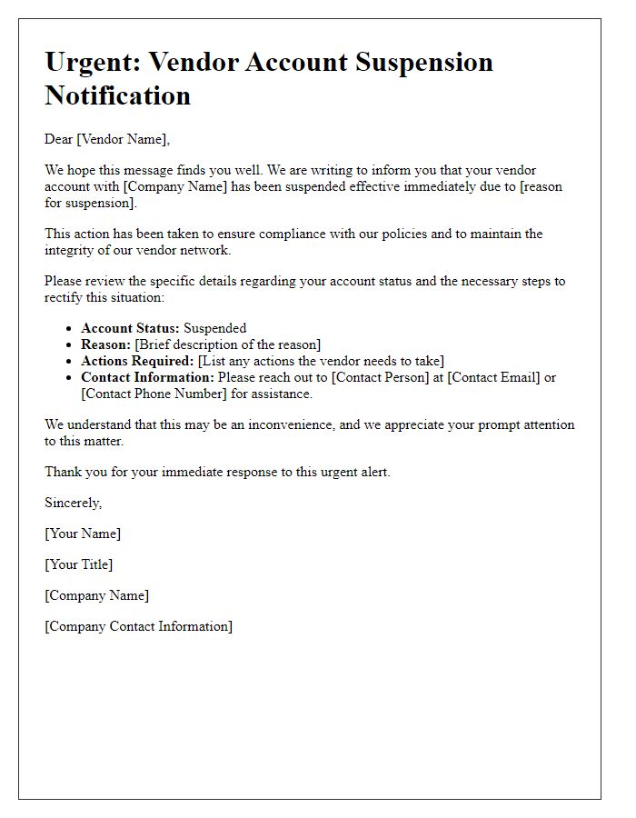Letter template of Urgent Vendor Account Suspension Alert