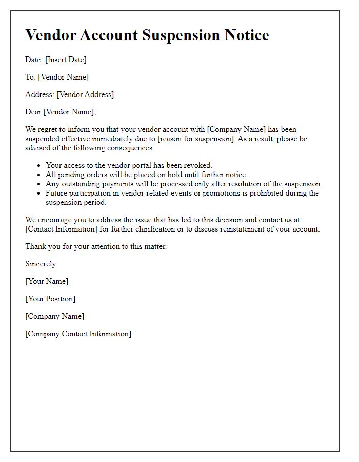 Letter template of Vendor Account Suspension Consequences