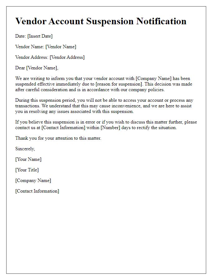 Letter template of Vendor Account Suspension Notification