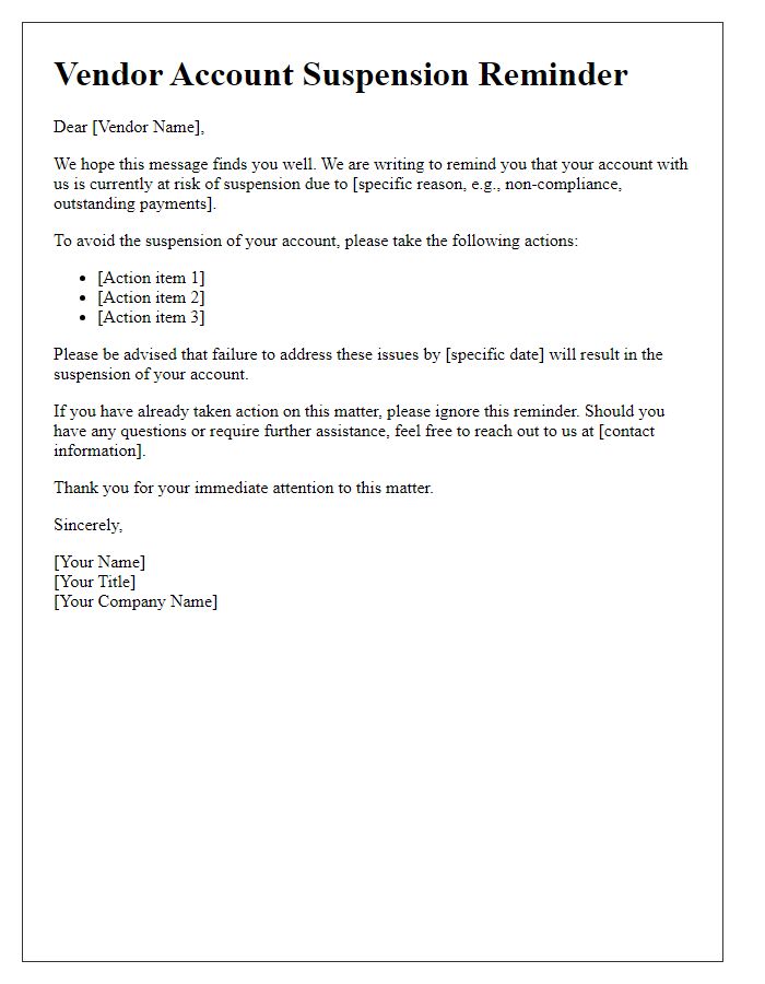 Letter template of Vendor Account Suspension Reminders