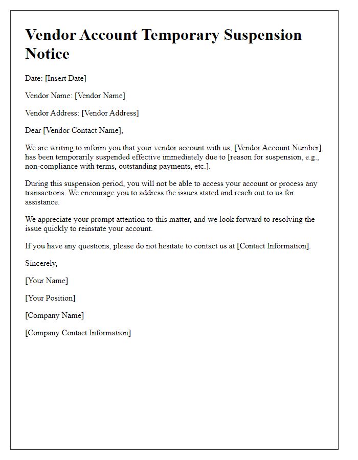 Letter template of Vendor Account Temporary Suspension Notice