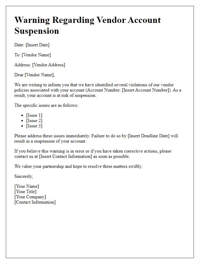 Letter template of Warning Regarding Vendor Account Suspension