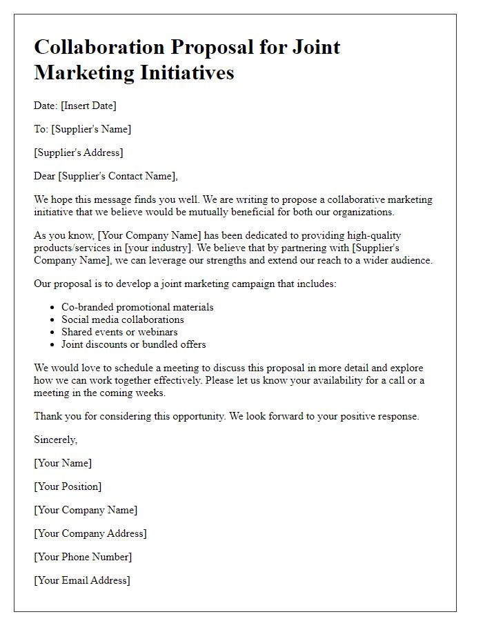 Letter template of collaboration proposal for joint marketing initiatives with suppliers.