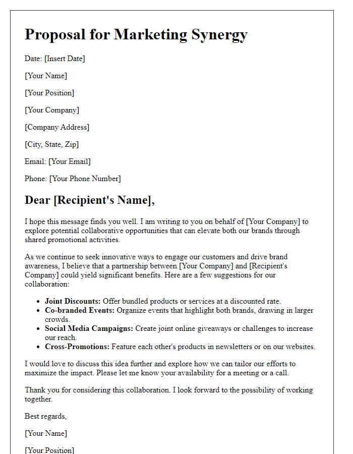 Letter template of marketing synergy suggestion for shared promotional activities.