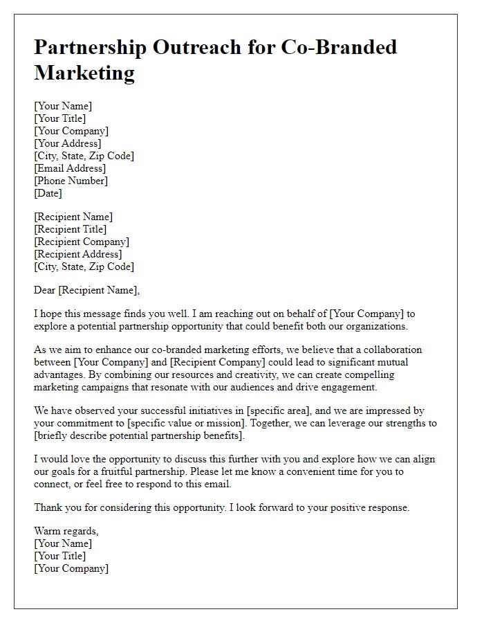 Letter template of partnership outreach for co-branded marketing efforts.