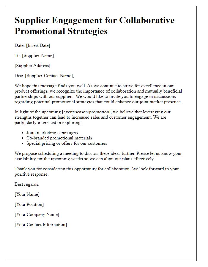 Letter template of supplier engagement for collaborative promotional strategies.