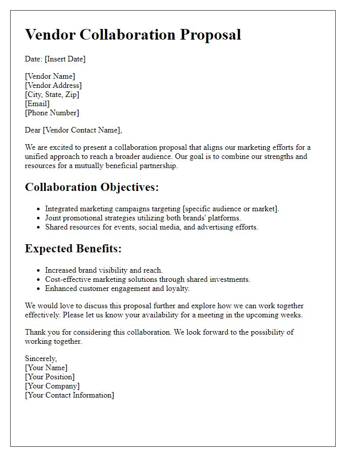 Letter template of vendor collaboration proposal for unified marketing actions.