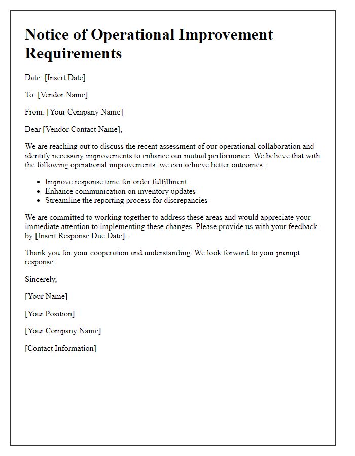 Letter template of alert for vendor operational improvements.