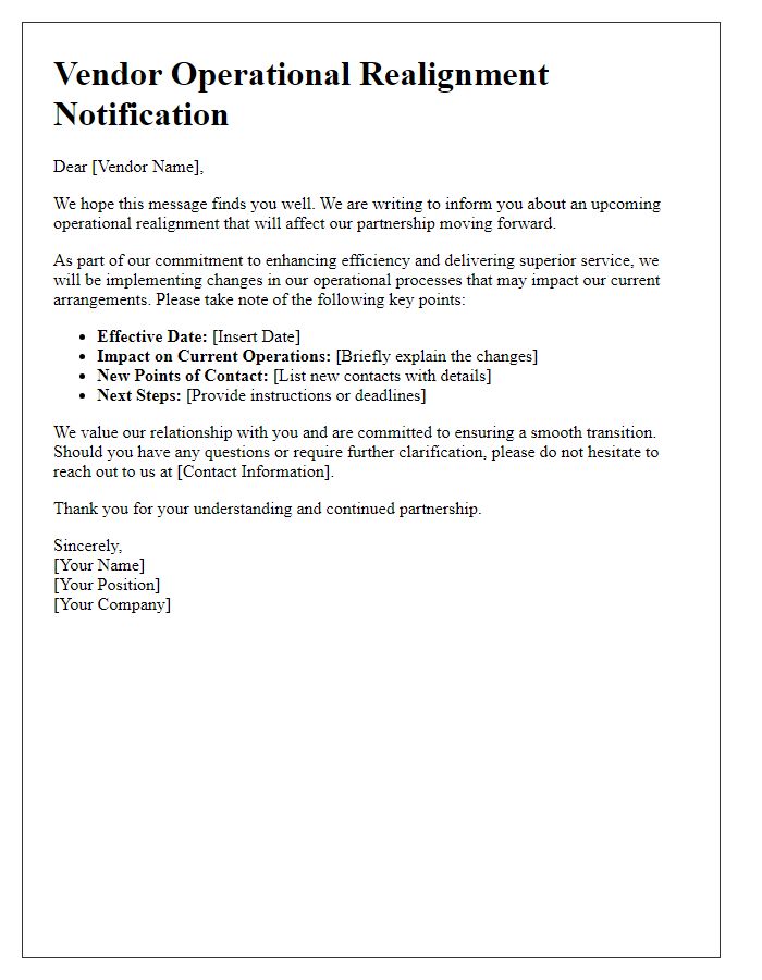 Letter template of bulletin for vendor operational realignment.