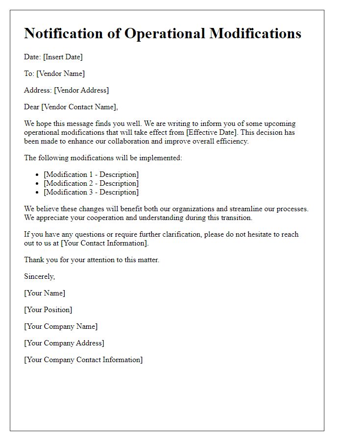 Letter template of communication on vendor operational modifications.