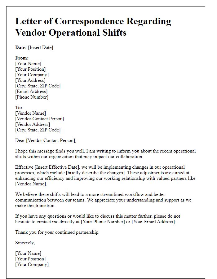 Letter template of correspondence regarding vendor operational shifts.