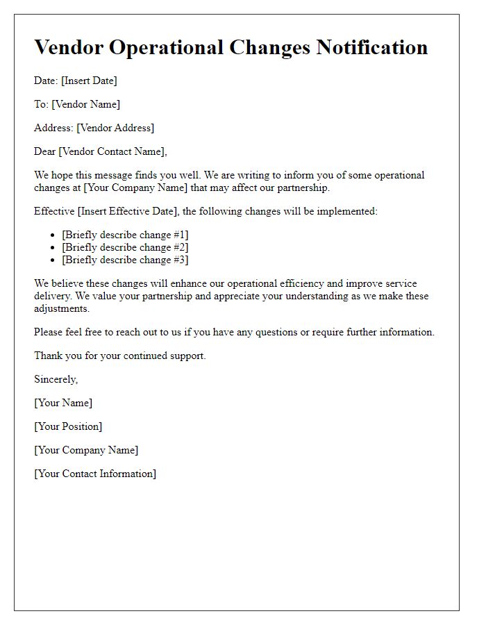 Letter template of notification for vendor operational changes.