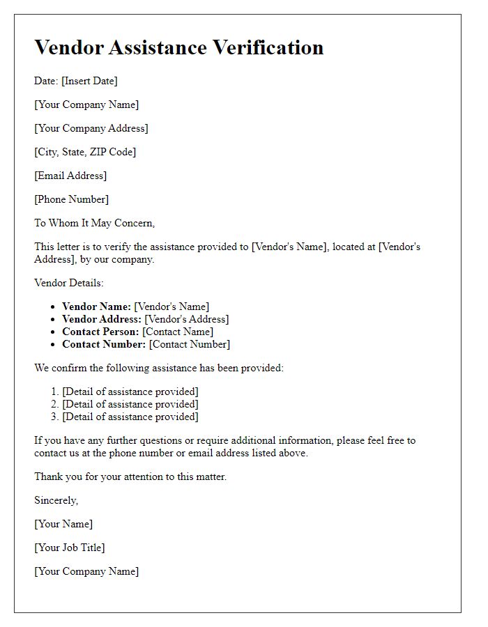 Letter template of vendor assistance verification