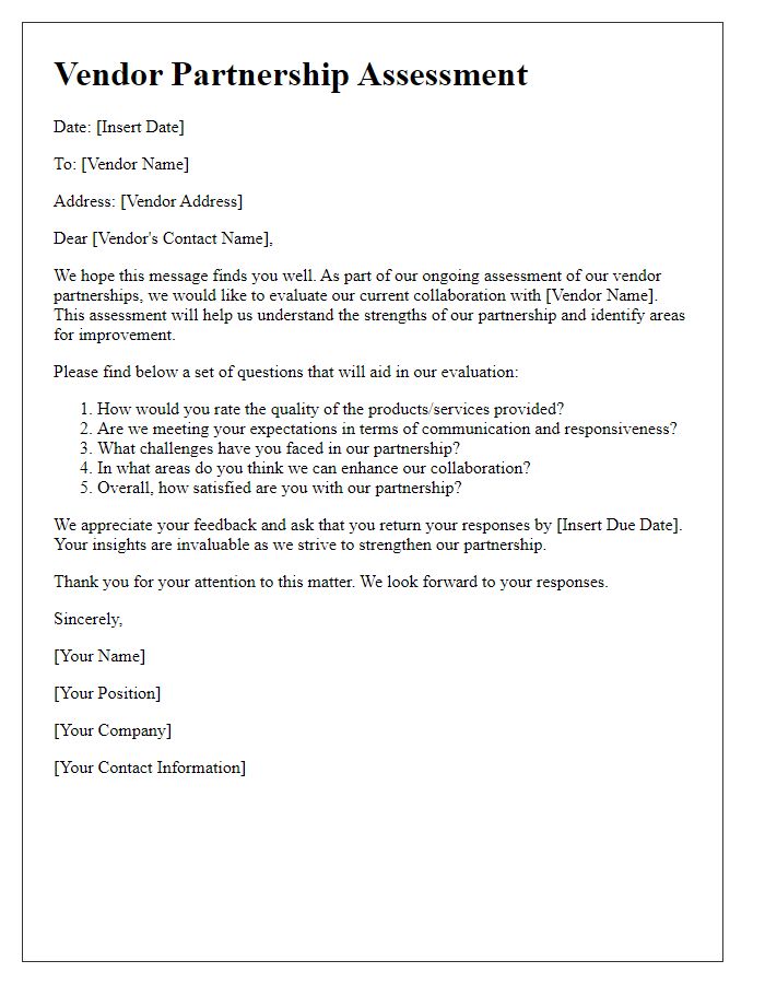 Letter template of vendor partnership assessment