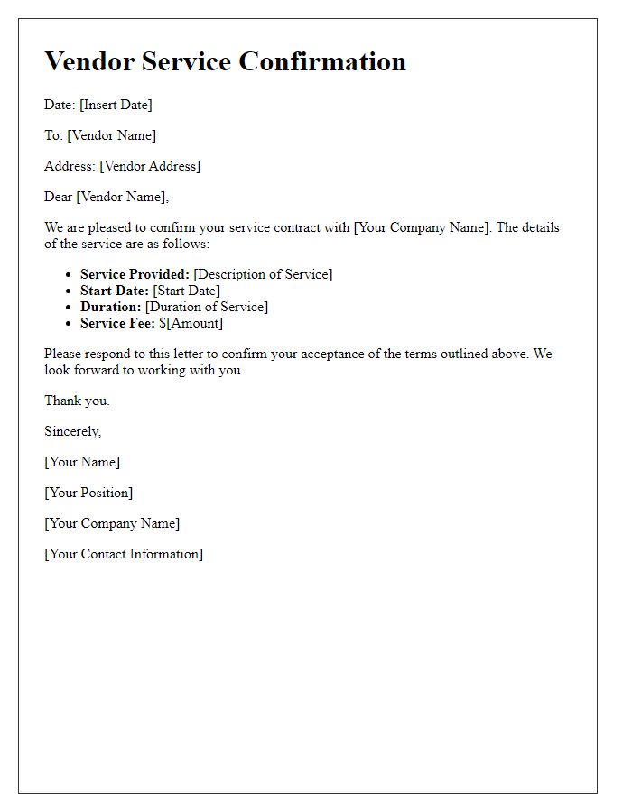 Letter template of vendor service confirmation