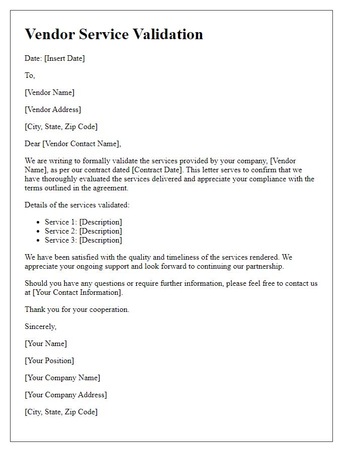 Letter template of vendor service validation