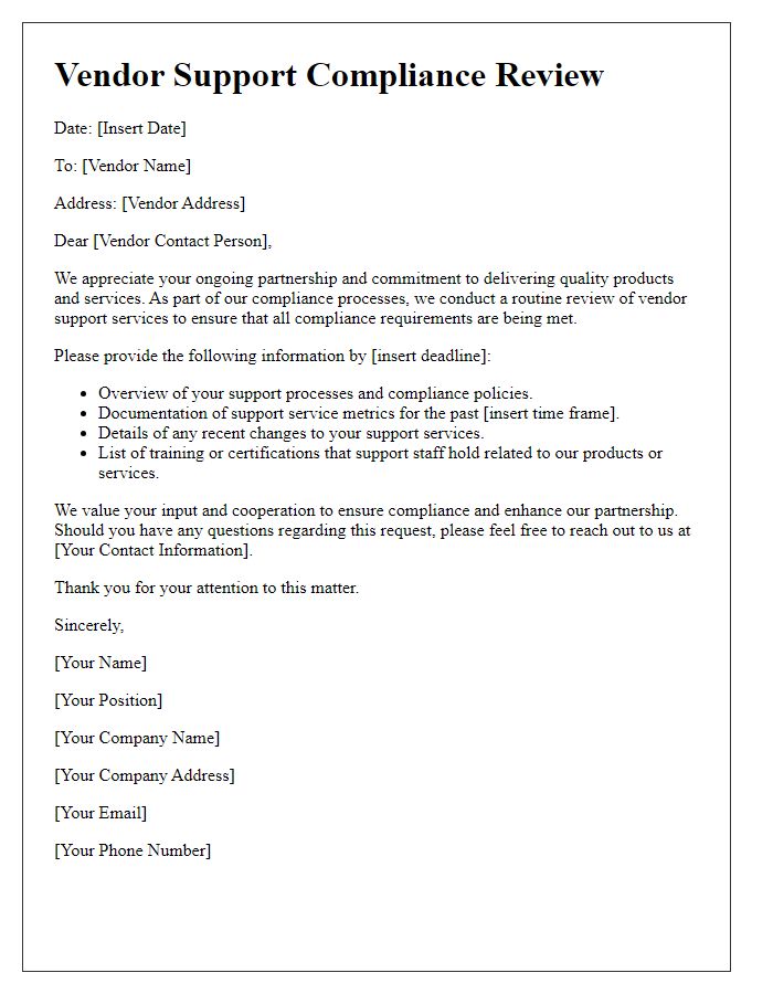 Letter template of vendor support compliance review