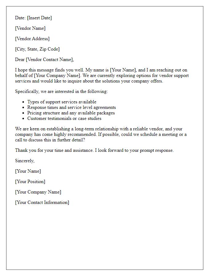 Letter template of vendor support service inquiry