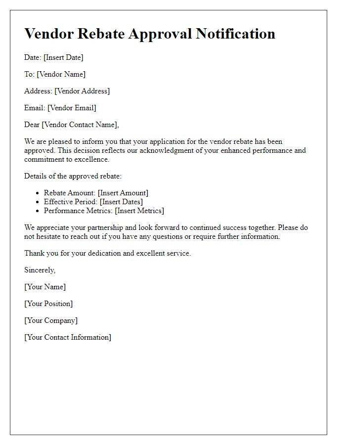 Letter template of vendor rebate approval notification for enhanced performance.