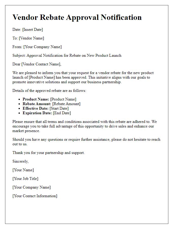Letter template of vendor rebate approval notification for new product launches.